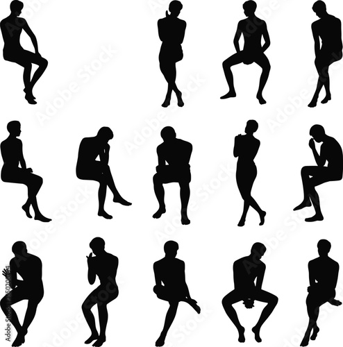 Silhouette people sitting poses, men women vector illustration, black outline characters, modern human posture collection, casual thoughtful design, editable isolated figures