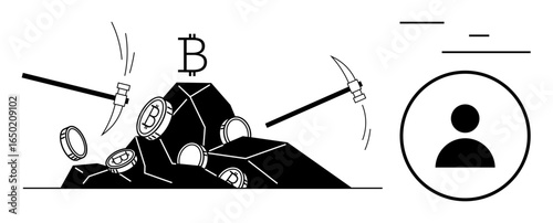 Mining tools and cryptocurrency symbols over rocks, with a user profile icon. Ideal for cryptocurrency, blockchain, digital finance, technology, business, innovation, simple landing page