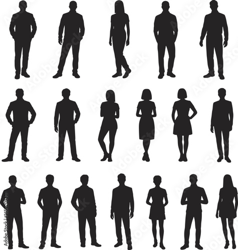 Silhouette people standing poses, men women vector illustration, black outline characters, modern human posture collection, casual business design, editable isolated figures