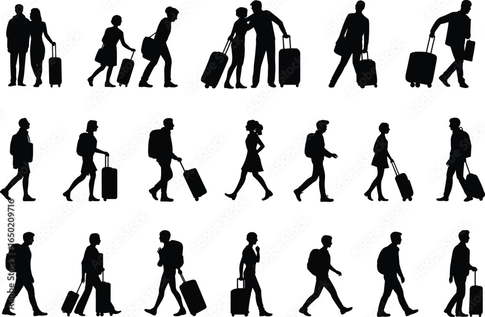 Obraz premium Silhouette travelers with luggage, people walking airport, man woman carrying suitcase, journey travel vector illustration, passenger tourist figures black collection