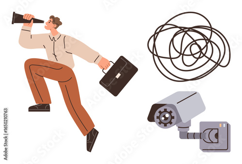 Professional holding telescope running with briefcase, security camera highlighting vigilance, tangled line symbolizing complexity. Ideal for business, surveillance, ambiguity, strategy