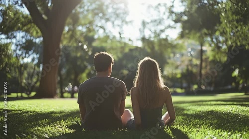 A couple sitting on the grass in a park, enjoying each other's company and the sunny day.