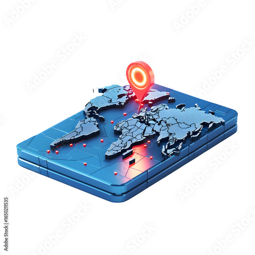 Global digital map with pinpoint location marker highlighting international connections and modern technology