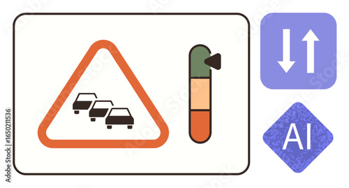 Traffic warning sign with cars in queue, congestion indicator and AI processing icons. Ideal for transportation, automation, road safety, mobility, smart city systems, tech solutions, simple flat