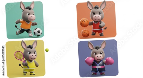 Cartoon donkeys playing sports colorful illustration