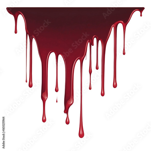Thick dark red blood dripping down in streams and drops from a surface against a white background.