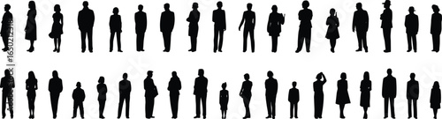 Silhouettes of people standing together, family group illustration, diverse generations vector, men women children design, human figures artwork, isolated collection