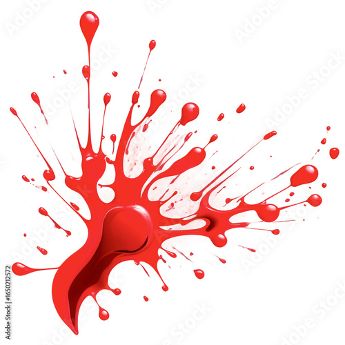 A dynamic and vibrant red paint splash exploding outwards with droplets and streaks against a white background.