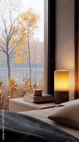 Corner of the bedroom next to the window with autumn scenery