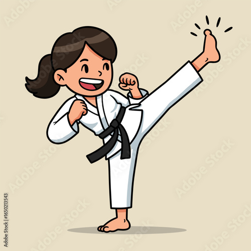 Cartoon martial artist performing a high kick with a confident smile, wearing a white uniform and black belt in a strong, disciplined stance.