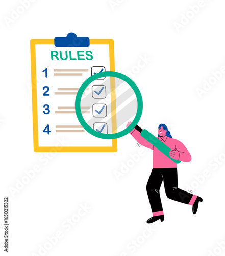 Business woman studying a list of rules. Regulations concept. Flat vector illustration isolated on white background