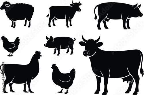 Farm animal silhouette collection, cow pig sheep chicken goat illustration, domestic livestock vector, rural farming design, agriculture animals artwork, countryside lifestyle image