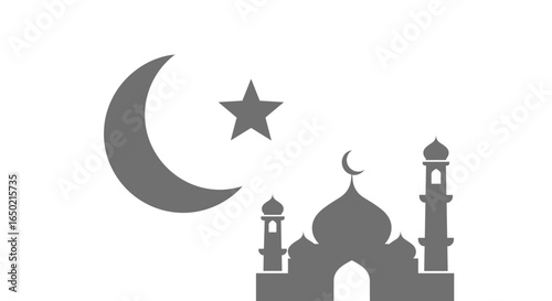 A simple gray silhouette of a mosque with a crescent moon and star, representing Islamic faith.
