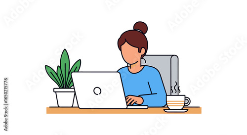 Woman working on a laptop at a desk, with a cup of coffee and houseplant.