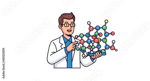 A scientist in a lab coat points to a molecular structure, explaining its composition.