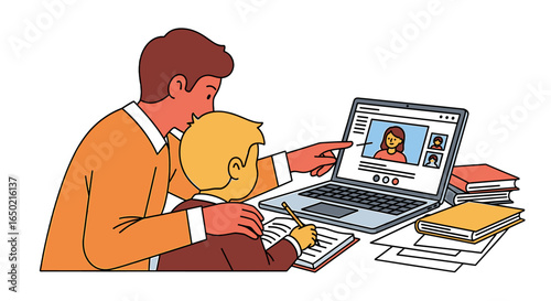 A father and son participate in an online learning session, using a laptop computer and interacting with a teacher via video call.