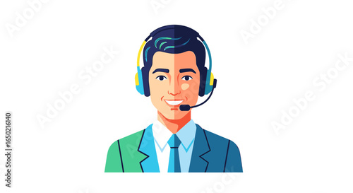 Smiling customer service representative wearing headset and suit.