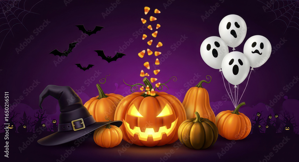 Fototapeta premium Spooky Halloween Night with Pumpkins and Ghosts