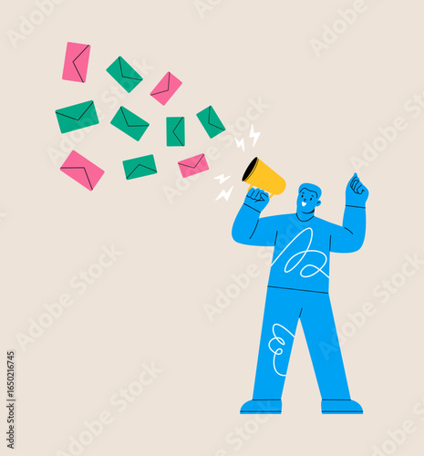Flying social media messages, email or newsletter for clients. Colorful vector illustration