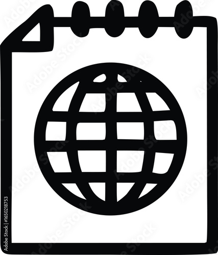 Simple black and white icon depicting a globe on a notepad page with spiral binding at the top