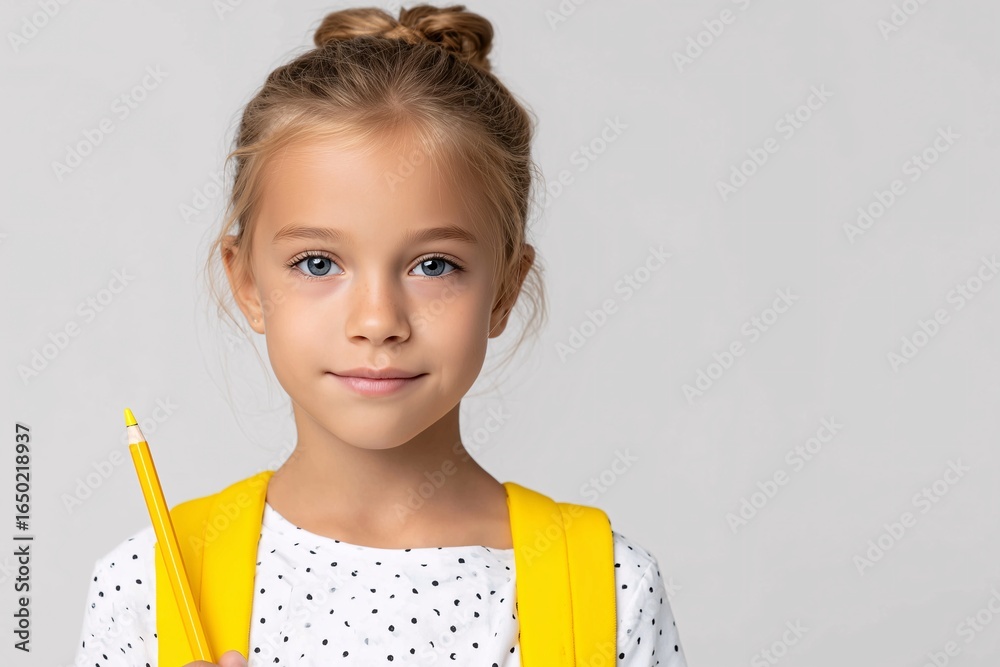 Girl with yellow backpack Holding yellow pencil School preparation image Girl with yellow backpack Holding yellow pencil School preparation image