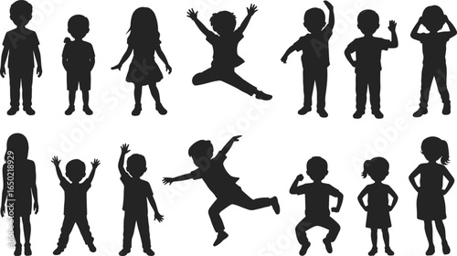 Children silhouette vector illustration, kids playing, jumping, standing, posing, happy childhood moments, boy girl figures, fun activity design, black outline