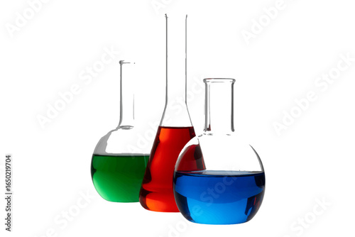A collection of scientific laboratory flasks with colorful chemical solutions isolated on white