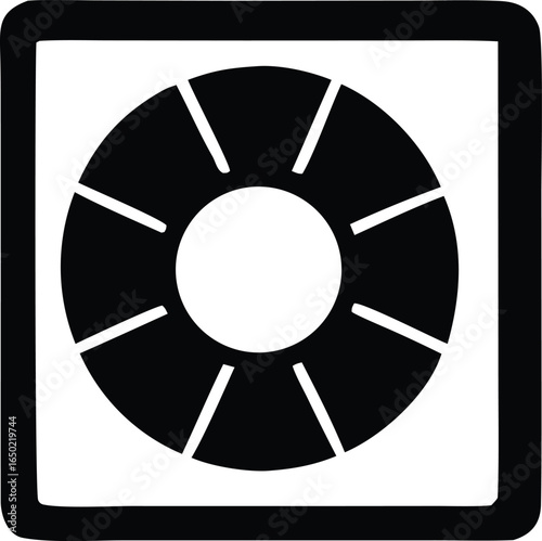 A stark black and white graphic depicts a circular life preserver with radiating spokes symbolizing safety and rescue