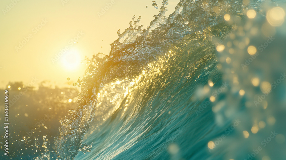 Fototapeta premium Wave breaks and crests in the ocean, illuminated by the golden light of the setting sun.