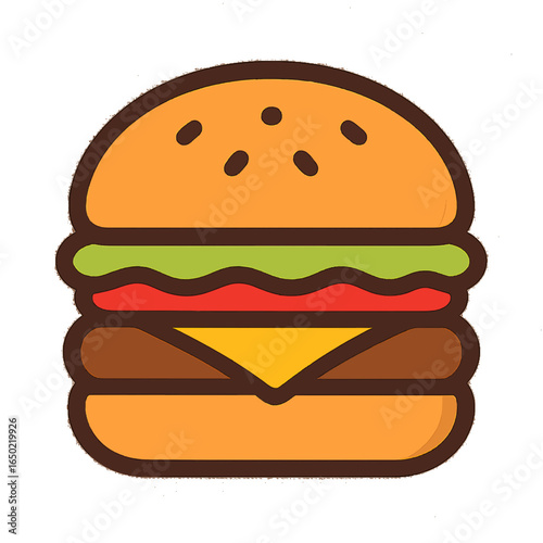 A clean, stylized illustration of a classic cheeseburger with all its layers visible.