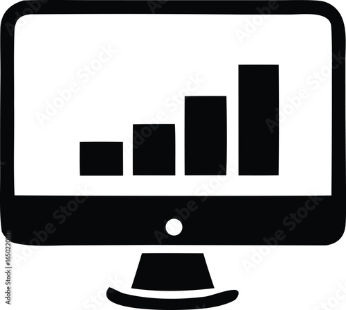 A simple black and white icon representing a computer monitor displaying a rising bar graph symbolizing growth and progress