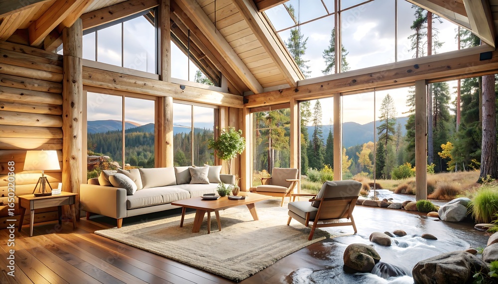 Fototapeta premium Cozy log cabin living room with mountain views