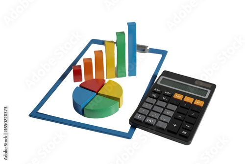 Financial reporting concept with colorful data charts and a calculator isolated on a white background