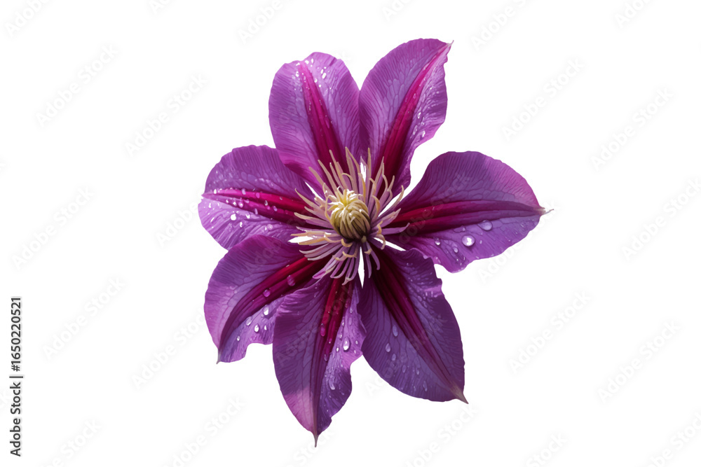 Obraz premium Vibrant purple clematis flower adorned with fresh dew drops, showcasing its intricate botanical beauty in macro detail.
