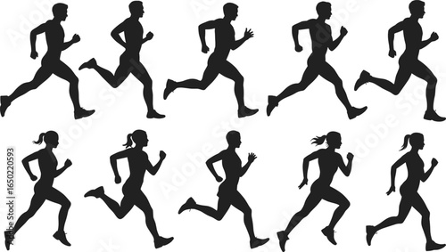 Running silhouette illustration, jogging man and woman, fitness athlete, outdoor exercise, marathon training, workout vector, sports activity, healthy lifestyle design