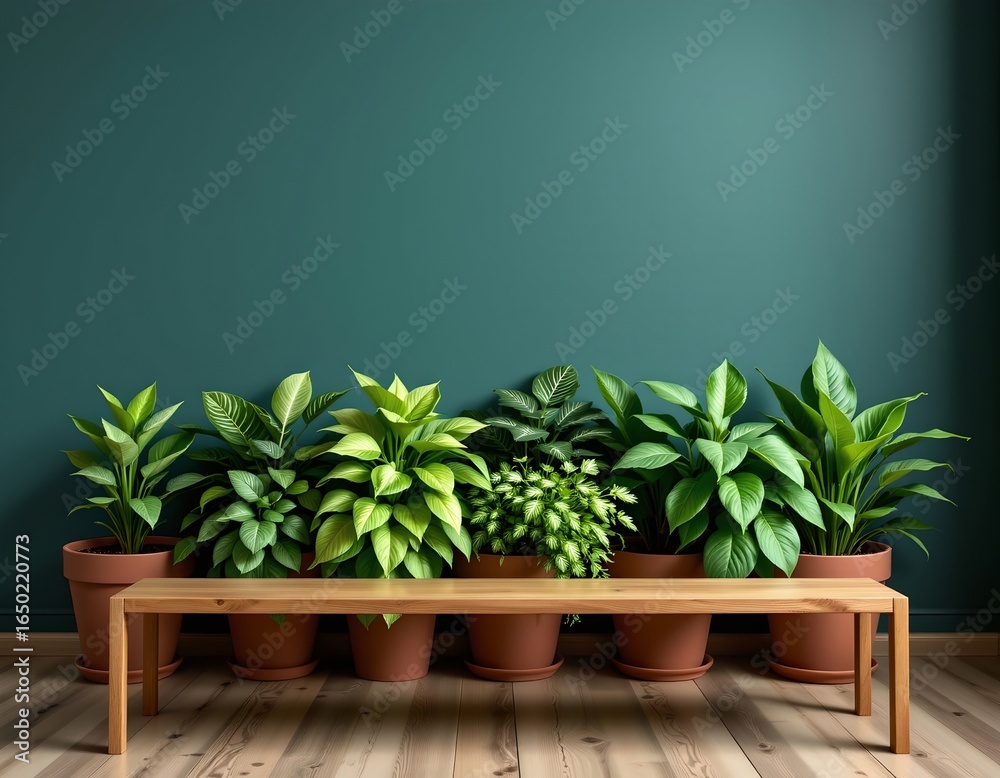 Fototapeta premium Tranquil Indoor Plant Display with Wooden Bench