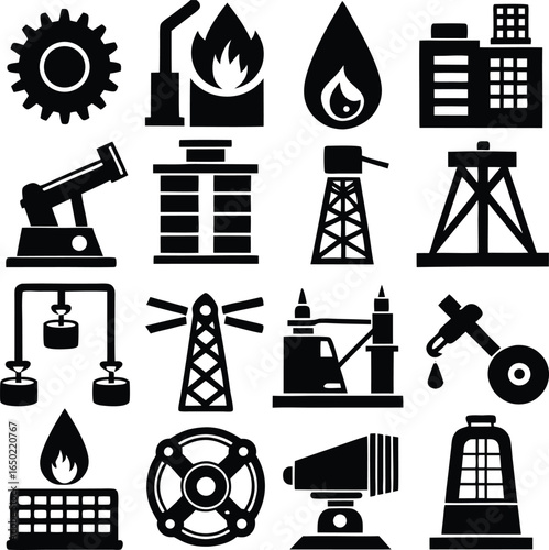 Collection of black silhouette icons representing the oil and gas industry including drilling refining and transportation elements