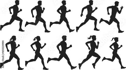Running silhouette illustration, jogging man and woman, fitness athlete, outdoor marathon exercise, sports training, healthy lifestyle, vector workout design, activity
