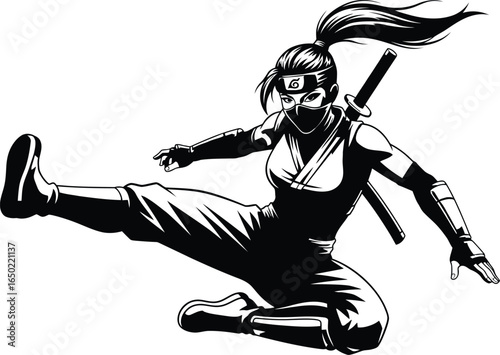 Dynamic female ninja warrior in a flying kick action pose. A fierce black and white illustration perfect for gaming, martial arts, and comic book concepts.