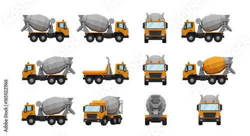 A collection of cartoon-style concrete mixer trucks and a flatbed truck depicted from various angles.