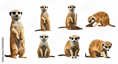 A collection of geometric meerkat illustrations showcasing various natural behaviors and poses on a clean white background.