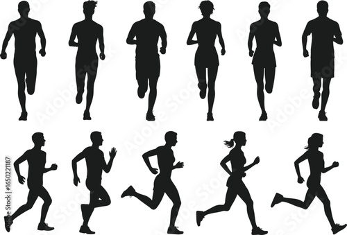 Running silhouette, jogging man and woman, fitness training, marathon workout, outdoor exercise, healthy lifestyle, vector sports illustration for athlete design