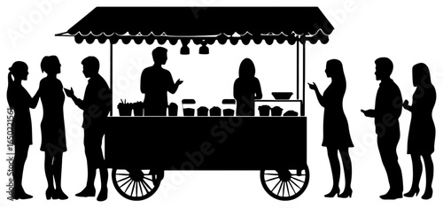 silhouette of group standing around street food cart chatting