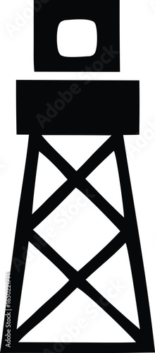 A stark black silhouette of a guard tower with a simple abstract design featuring a platform and supporting legs