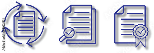 A set of document and file line icons, featuring a plain document, a document with a magnifying glass, a document with a cursor, and a document with a checkmark, for various digital operations