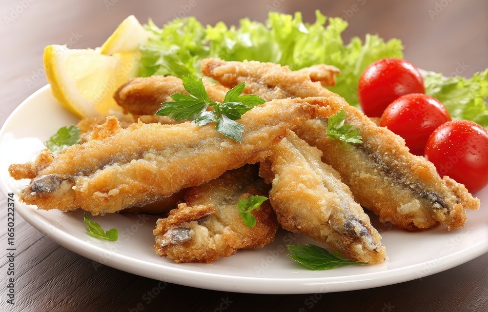 Fototapeta premium Crispy fried fish served with lemon, lettuce, and cherry tomatoes on a plate