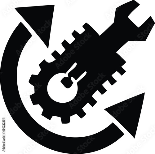 Symbolic representation of mechanical engineering services and industrial maintenance with a wrench and gear within a circular arrow motif