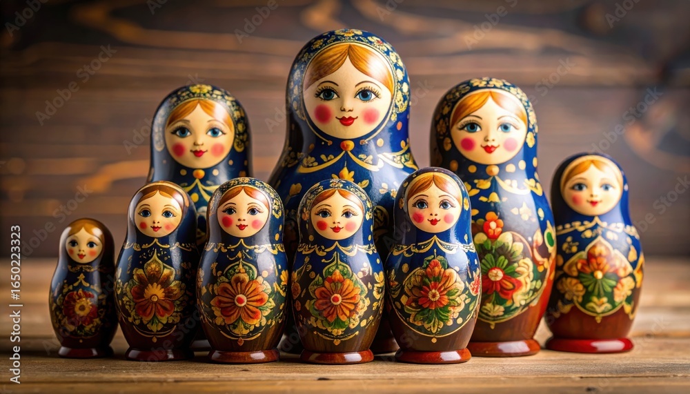 Fototapeta premium A Gathering of Russian Matryoshka Dolls on a Rustic Wooden Surface.
