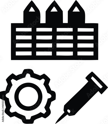 Industrial factory with gears and syringe icons symbolizing manufacturing mechanics and medical or chemical processes in a stylized graphic