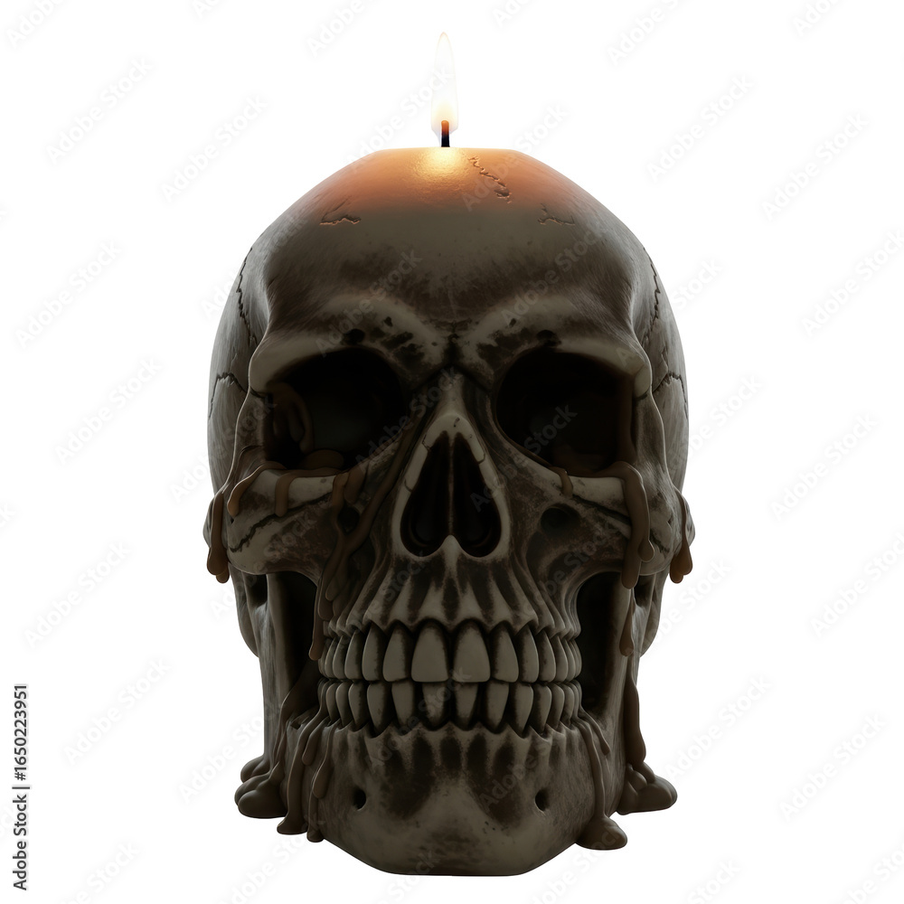 Fototapeta premium A detailed, eerie skull shaped candle burns brightly, with melted wax dripping down its features, creating a spooky and atmospheric visual.